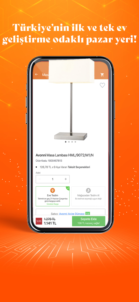 Koçtaş - Mobile screen of the Koçtaş app showing a table lamp product page with price and delivery options.