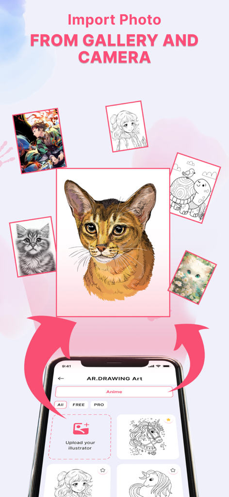 ギャラリーやカメラから写真をインポートしてスケッチするためのオプションを示すAR描画アプリのモバイルインターフェイス