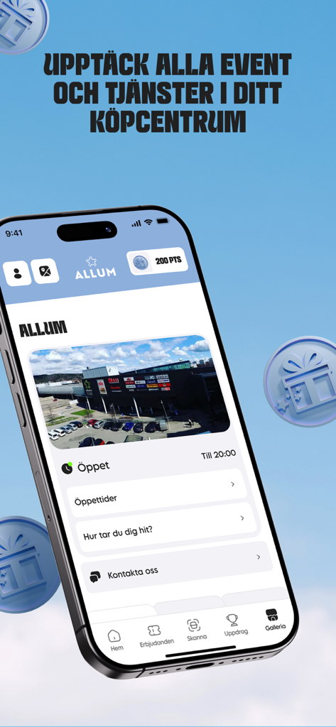Allum Plus - Allum Plus App-Bildschirm mit Informationen zum Einkaufszentrum und den Öffnungszeiten.