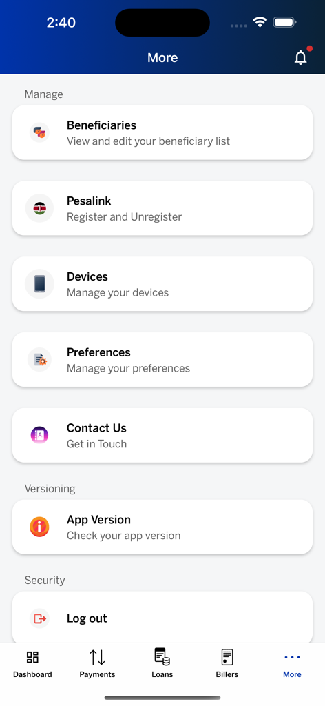 Settings and management menu of the Stanbic Bank Kenya mobile app including beneficiary and Pesalink options