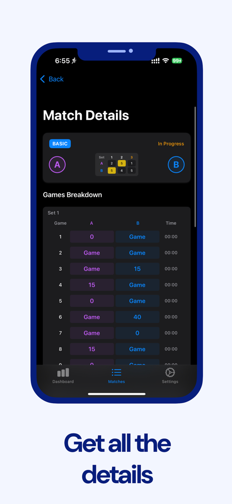 Padel Tally - Scoring Tracking - Padel Tally App zeigt detaillierte Spielstatistiken und Spielaufschlüsselung auf dem iPhone