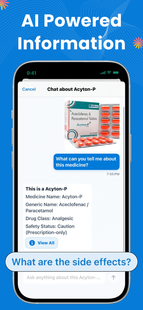 Pill Identifier: Drug Med ID - AI-powered chat interface in the Pill Identifier app showing clinical information for a identified medicine