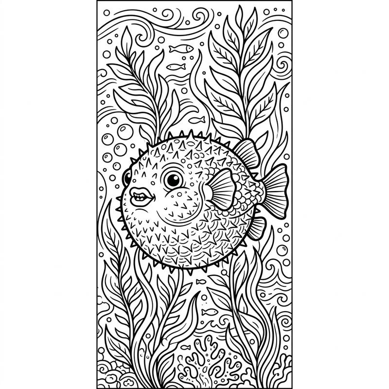 Embark on an aquatic art journey with this delightful pufferfish coloring bookmark. Its unique inflated form and lively underwater scene promise hours of creative fun.
