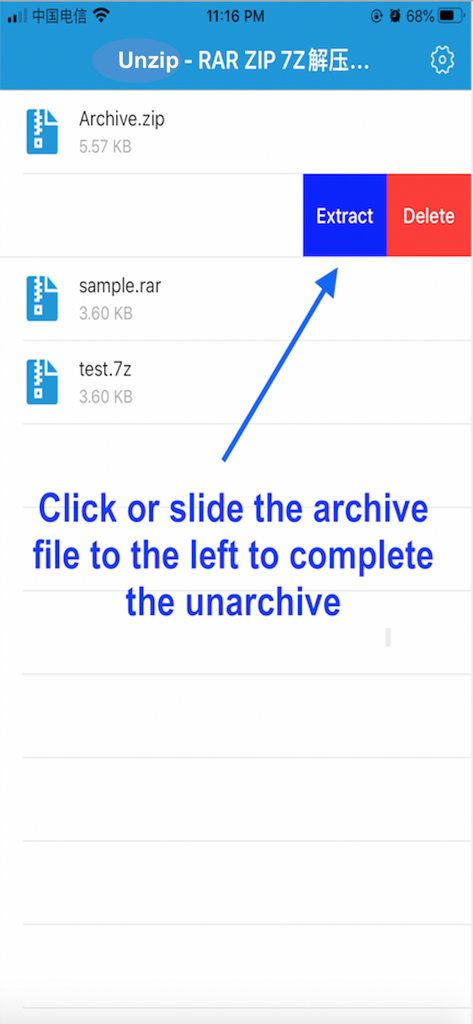 Unzip - Unarchive Expert - Unzip app interface showing a list of compressed files and the swipe to extract feature