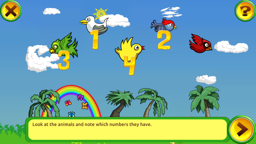カラフルな鳥と数字の1から4が表示された、明るい空の教育ゲーム画面
