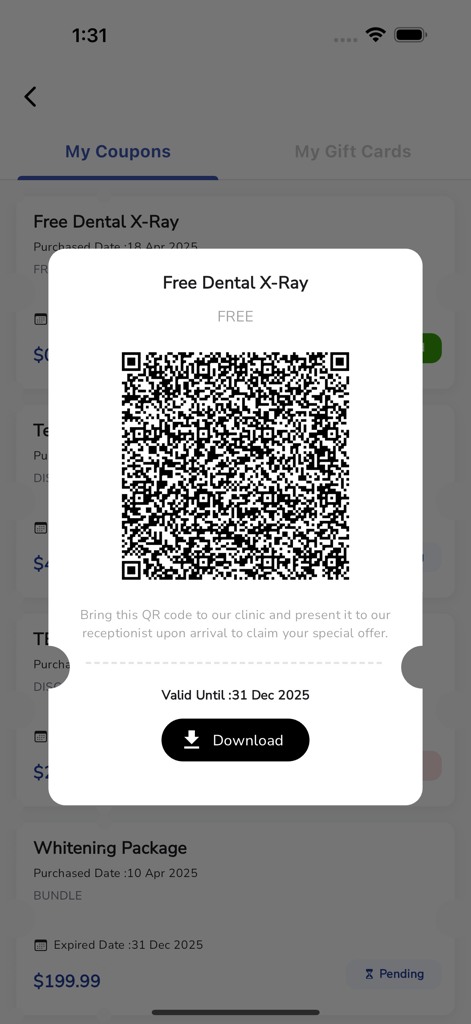 RTDC App - A QR code for a free dental x-ray coupon displayed in the RTDC dental clinic mobile app.