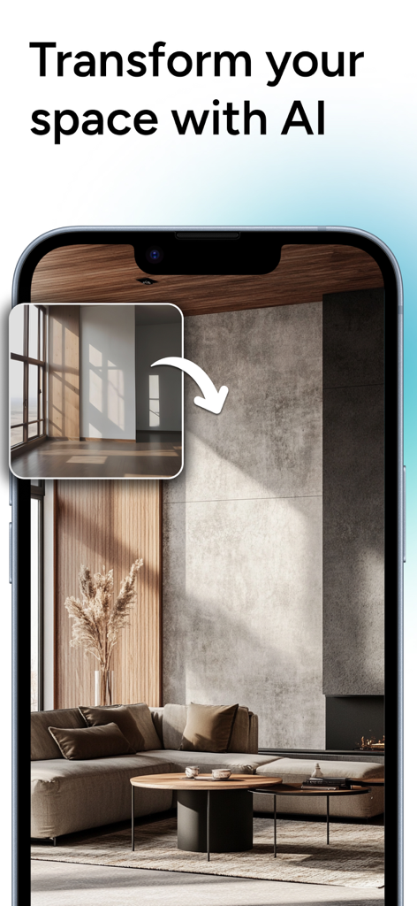 AI Home Design - Arch - Pantalla de smartphone mostrando la aplicación Diseño de Interiores con IA transformando una habitación vacía en una sala de estar moderna amueblada.