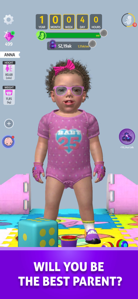 A 3D baby character named Anna in the Idle 9 Months mobile game wearing a pink onesie and glasses in a colorful playroom.