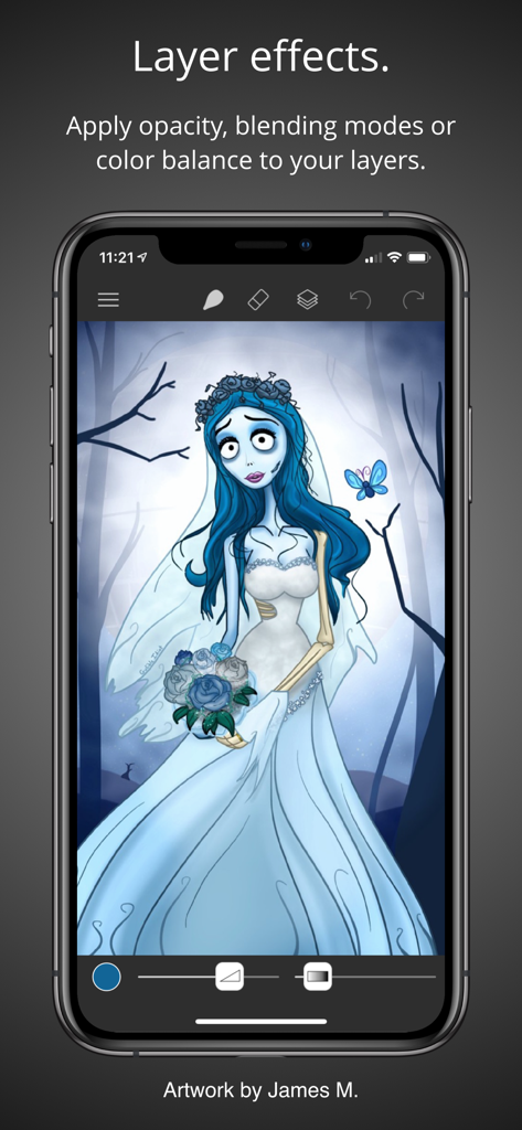 Brushes - A digital illustration of a gothic bride on an iPhone screen showcasing the Brushes 4 app layer effects