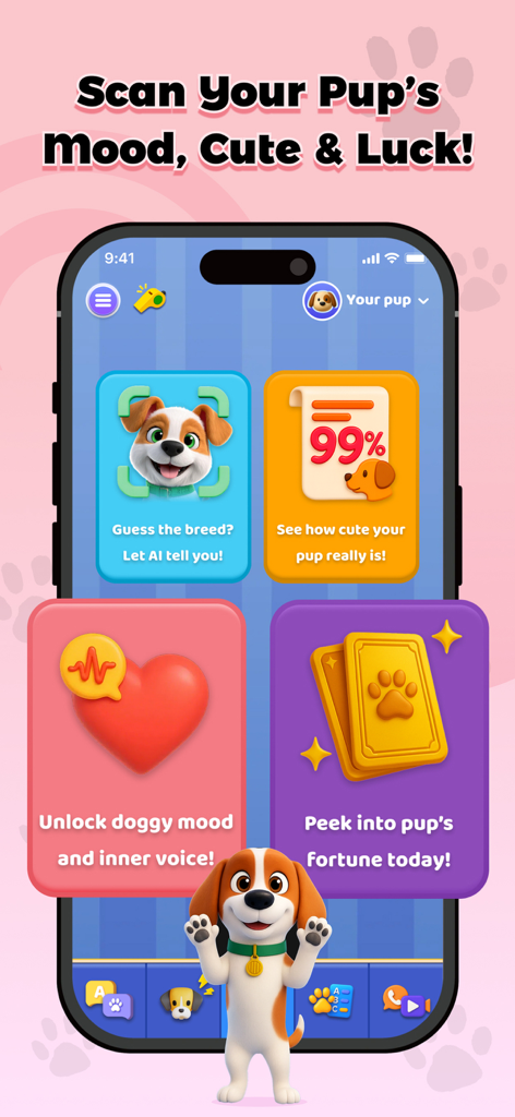 Dog Translator: Games For Pets - Interface of the BarkAI app showing features to scan a dog's mood, identify its breed, and see its fortune.