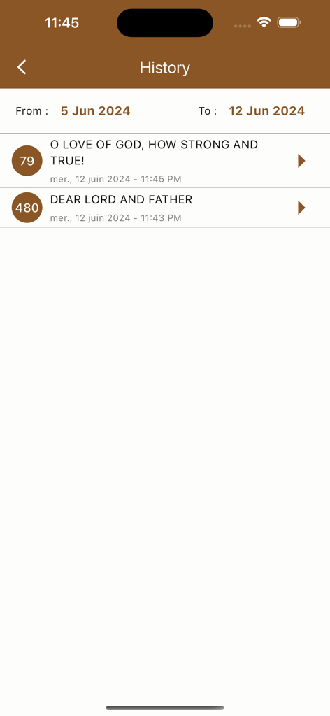 SDA Hymnal with music - History screen of the SDA Hymnal app showing a list of recently viewed hymns with dates and song numbers.