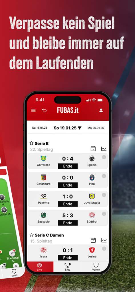 Fubas - The Fubas mobile app displaying live football results and league schedules for South Tyrol