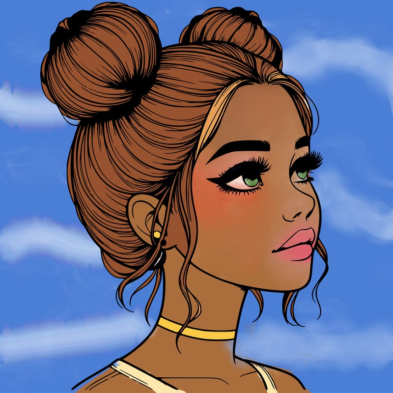 realistic girl with buns on the top of her head