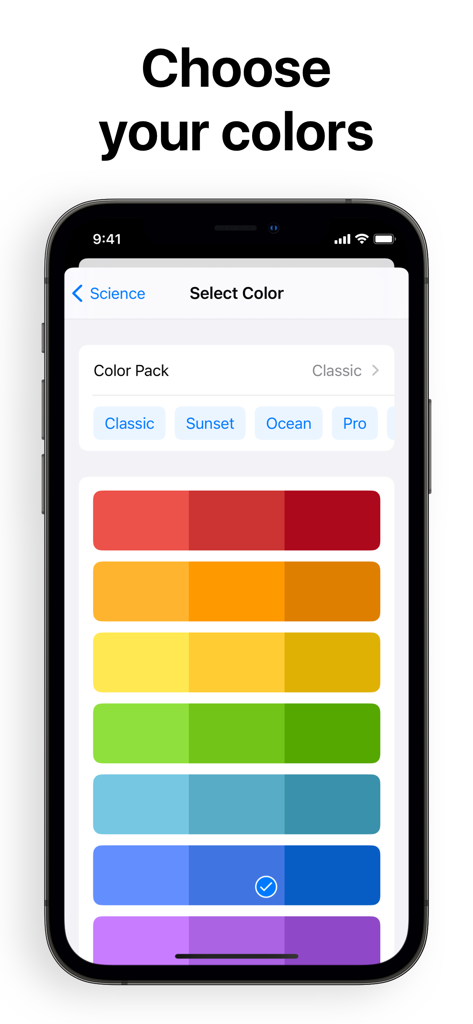 A mobile app screen showing options to choose colors for a school schedule