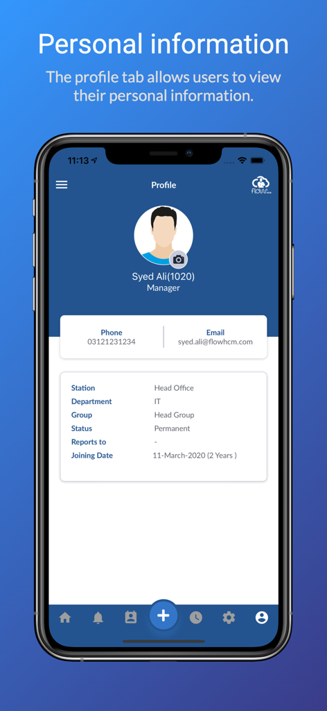 The personal information and profile screen in the FlowHCM app showing employee details and contact information