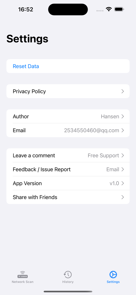 WiFi Guardian – Stop Intruders - WiFi Guardian 앱의 설정 인터페이스에 개인 정보 보호 정책 및 지원 옵션이 표시됩니다.