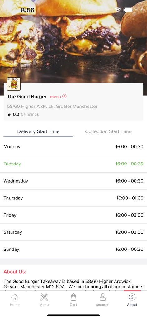 The Good Burger - Página Acerca de de la app móvil The Good Burger mostrando la dirección y el horario de entrega semanal