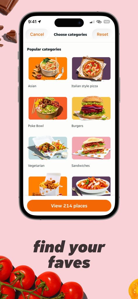 Screenshot der Just Eat App, der verschiedene Essenskategorien wie Pizza, Burger und vegetarische Optionen auf einem Mobiltelefon anzeigt