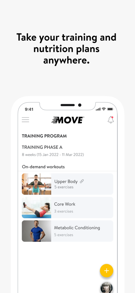 Move Lifestyle - Move Lifestyle app interface showing a training program with on-demand workouts like Upper Body and Core Work