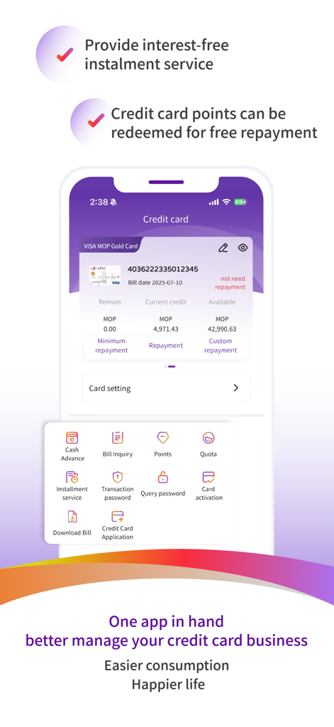 Schermata di gestione delle carte di credito dell'app mobile Well Link Bank che mostra i dettagli del saldo e i servizi finanziari
