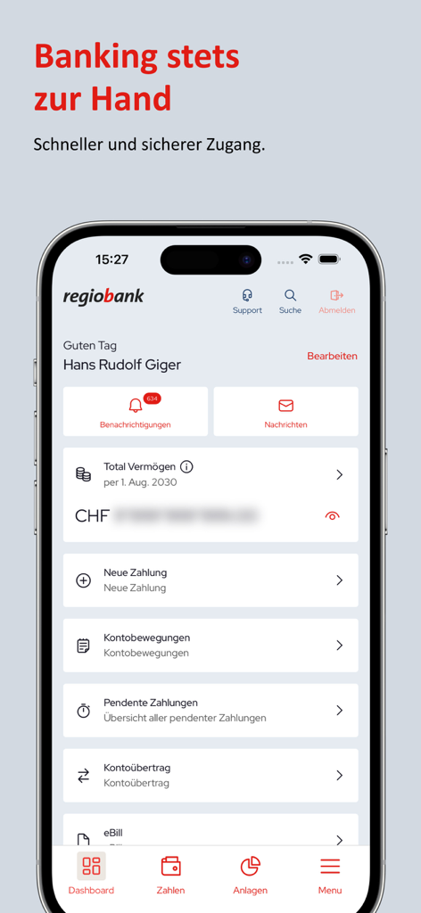Tela do smartphone exibindo o painel de banking móvel do Regiobank com saldo de conta e serviços financeiros