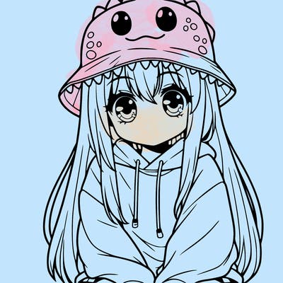 girl with anime shaped eyes with a dinosaur bucket hat oversized sweatshirt long straight hair