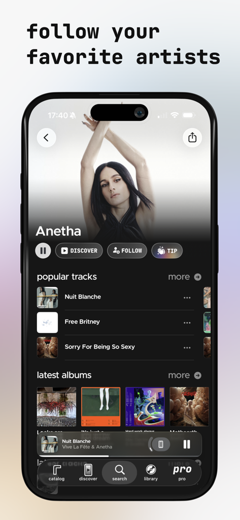 Mobile app interface of Carbon music showing an artist profile with follow and tipping options
