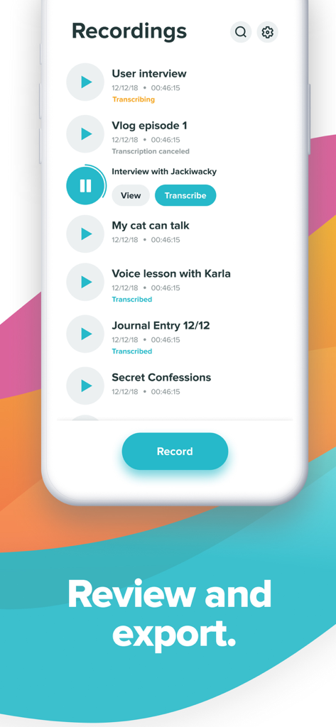 Un écran de smartphone affichant une liste d'enregistrements audio avec des options pour les visualiser ou les transcrire dans l'application Temi.
