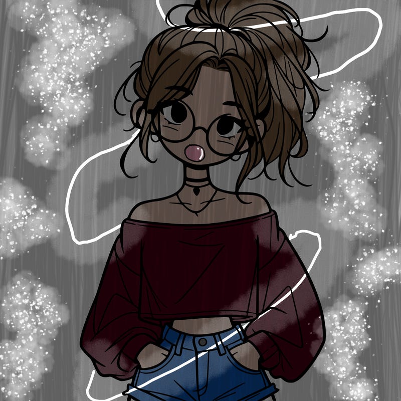 girl with a messy ponytail glasses a baggy crop top and jean shorts