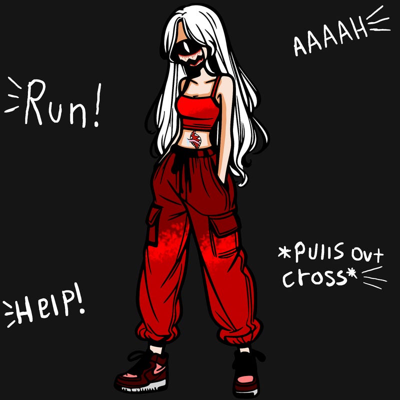 girl in baggy pants crop top and long hair