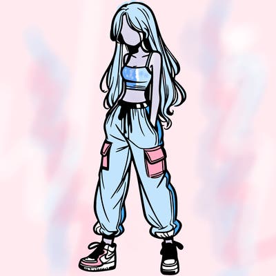 girl in baggy pants crop top and long hair