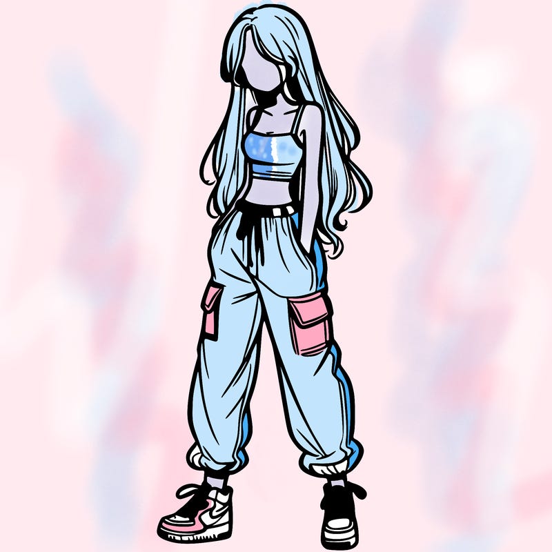 girl in baggy pants crop top and long hair