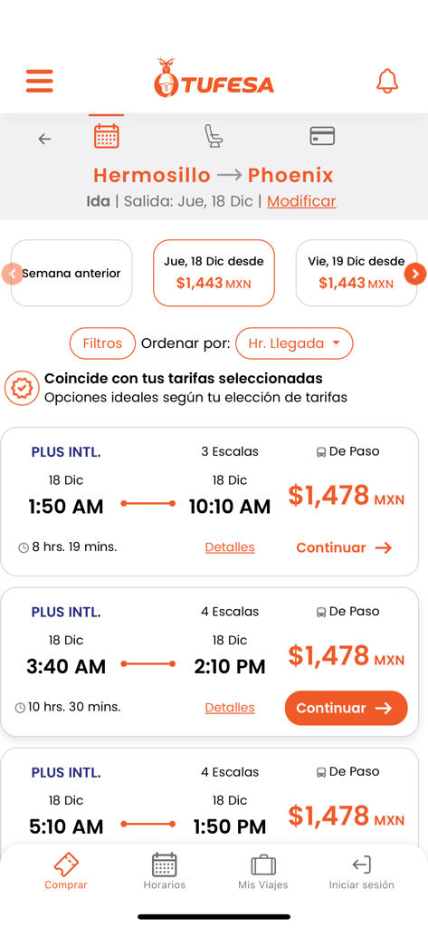 Tufesa - Tufesa mobile app interface displaying bus schedules and ticket prices from Hermosillo to Phoenix