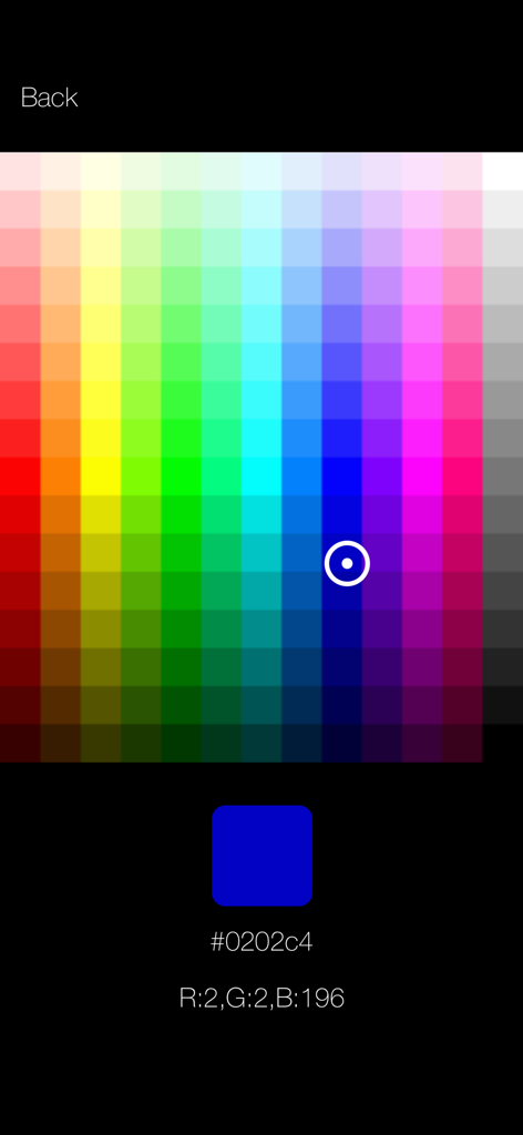 Interfaz para seleccionar colores personalizados con valores hexadecimales y RGB en la aplicación TouchControl
