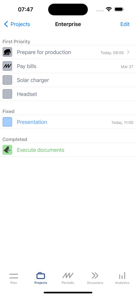 TimeMan - Task management screen in TimeMan showing an Enterprise project with first priority and fixed tasks