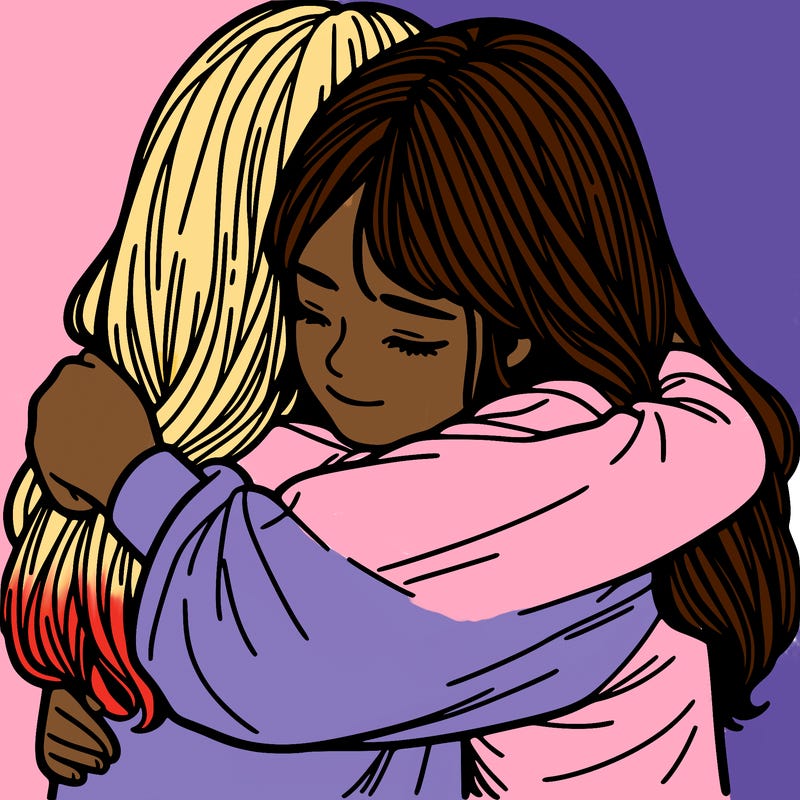 two girls hugging realistic