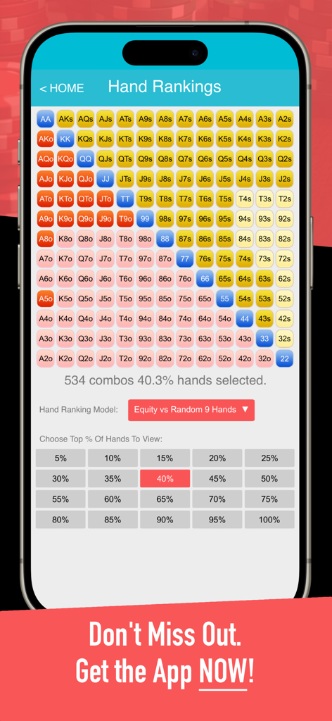 Preflop+ Poker GTO Nash Charts - Mobile app interface showing a color-coded poker hand ranking matrix with forty percent of hands selected based on equity