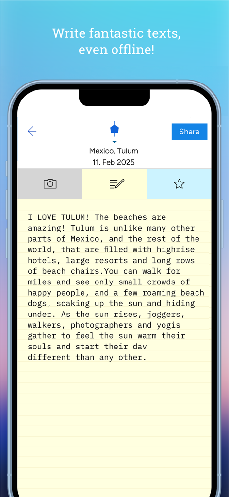 Tripmii - Travel Diary - Tripmii app screen showing a travel journal entry for Tulum Mexico with a callout for offline writing