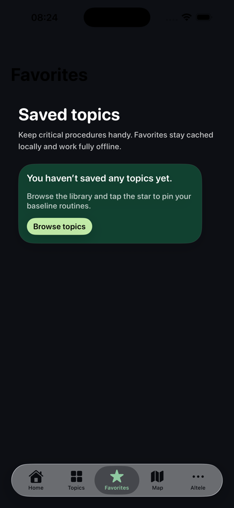 Survival Guide Offline - Empty favorites screen in the Survival Guide Offline app with a button to browse and save critical procedures for offline use.