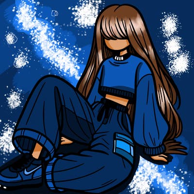 a girl with baggy pants and a crop top with long hair