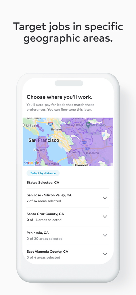 Interface of Thumbtack for Professionals app showing a map and list to select specific geographic service areas for jobs.