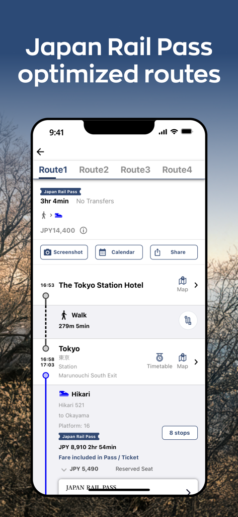 Japan Travel - Smart Transit - Japan Travel app interface showing a train route optimized for Japan Rail Pass holders with departure times and station details