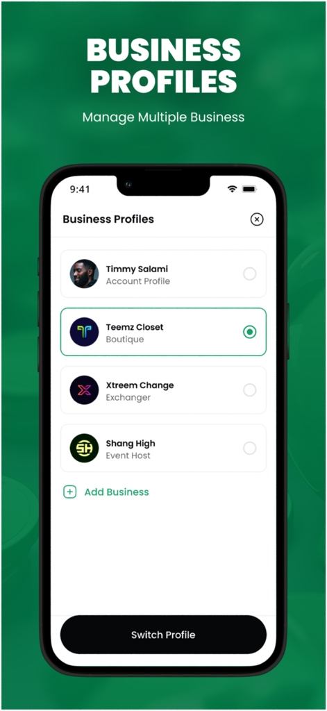Greep Merchant - Greep Merchant app screen showing multiple business profiles for an entrepreneur to manage and switch between.