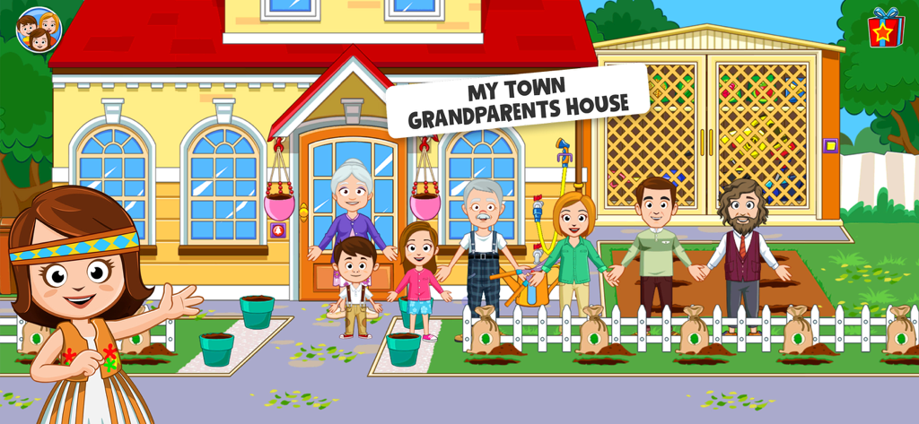 Cartoon family characters standing in front of a house in My Town Grandparents game.