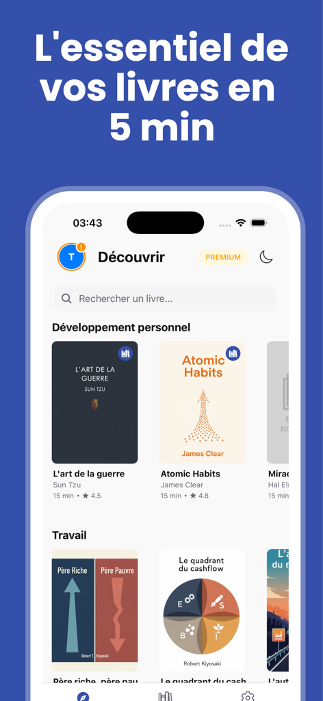 Cobalt : Book Summaries - Cobalt book summaries app discovery screen featuring titles like Atomic Habits and Rich Dad Poor Dad