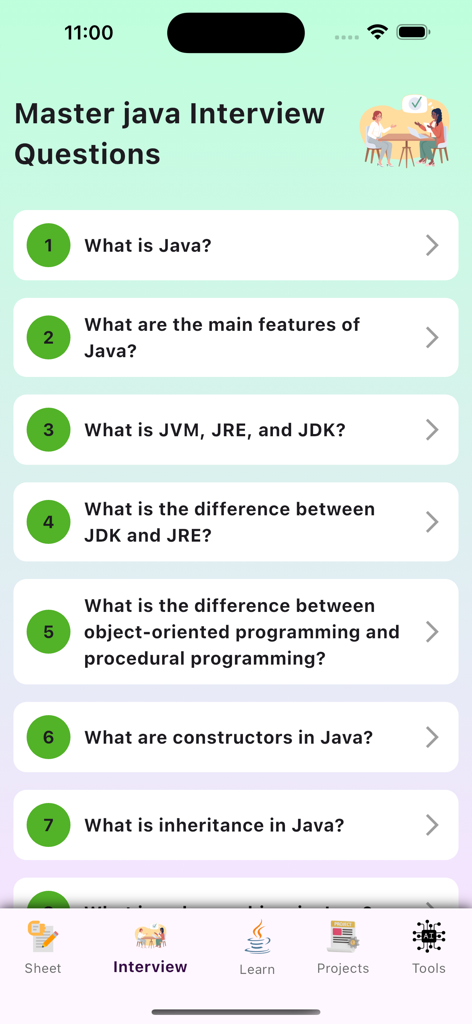 A list of common Java interview questions and answers for job seekers within the app.