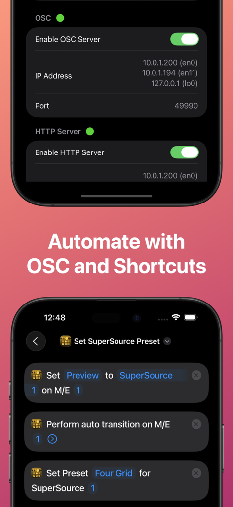 MixEffect Pro - Paid Up-Front - ATEMスイッチャーオートメーション用のOSCサーバー設定とiOS Shortcutsを表示するMixEffect Proアプリインターフェイス