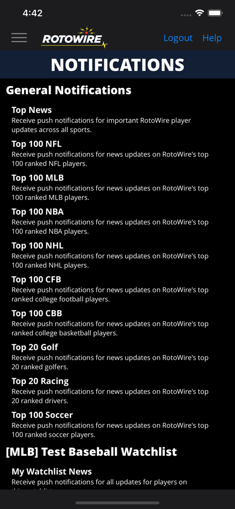 Écran des paramètres de notification de l'application RotoWire affichant les options d'alerte push pour les classements Top 100 de la NFL, de la MLB, de la NBA et d'autres sports majeurs.