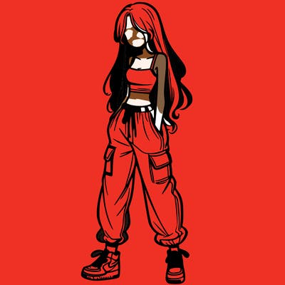 girl in baggy pants crop top and long hair