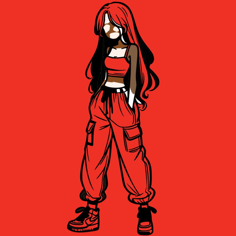 girl in baggy pants crop top and long hair